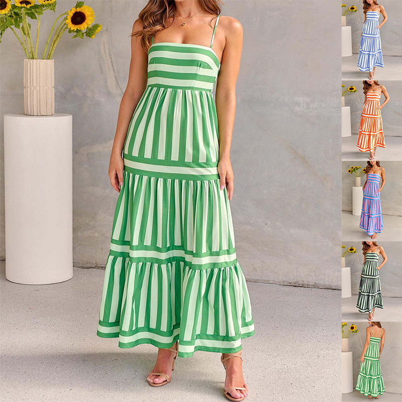 Robe Longue d'Été à Rayures avec Bretelles et Dos Nu