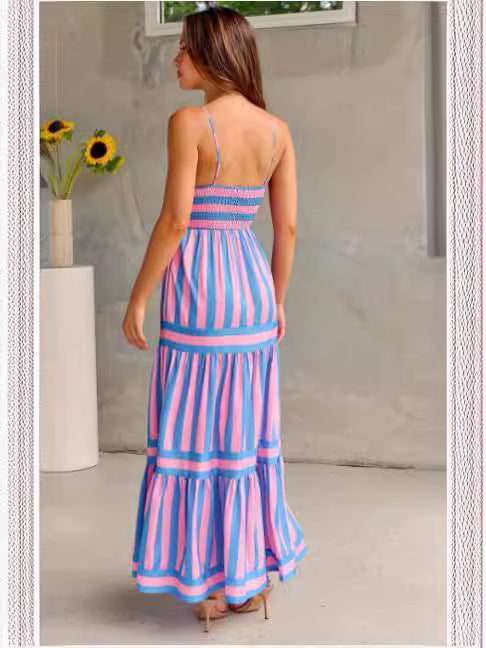 Robe Longue d'Été à Rayures avec Bretelles et Dos Nu