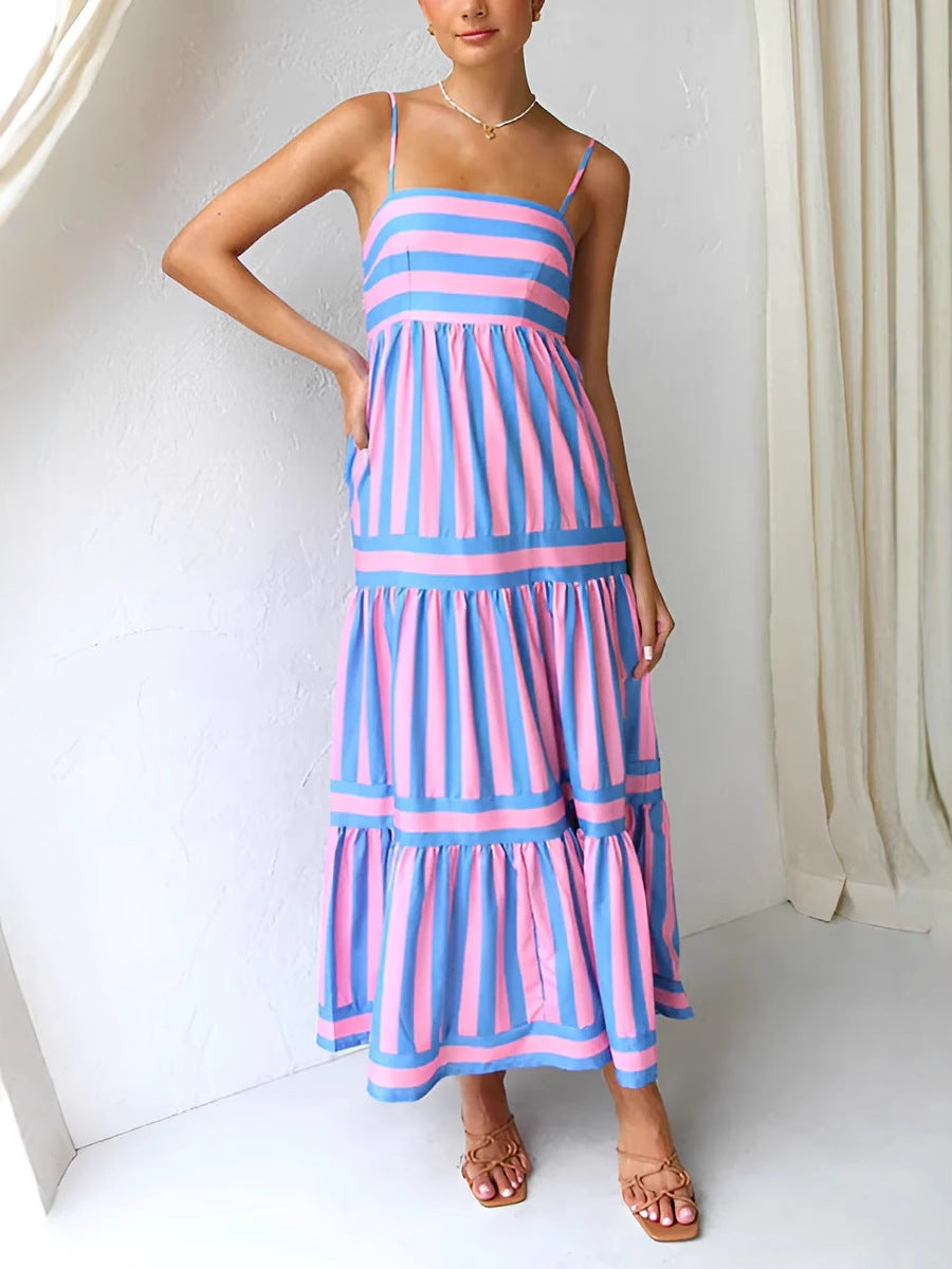 Robe Longue d'Été à Rayures avec Bretelles et Dos Nu