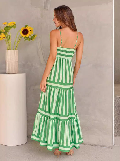 Robe Longue d'Été à Rayures avec Bretelles et Dos Nu